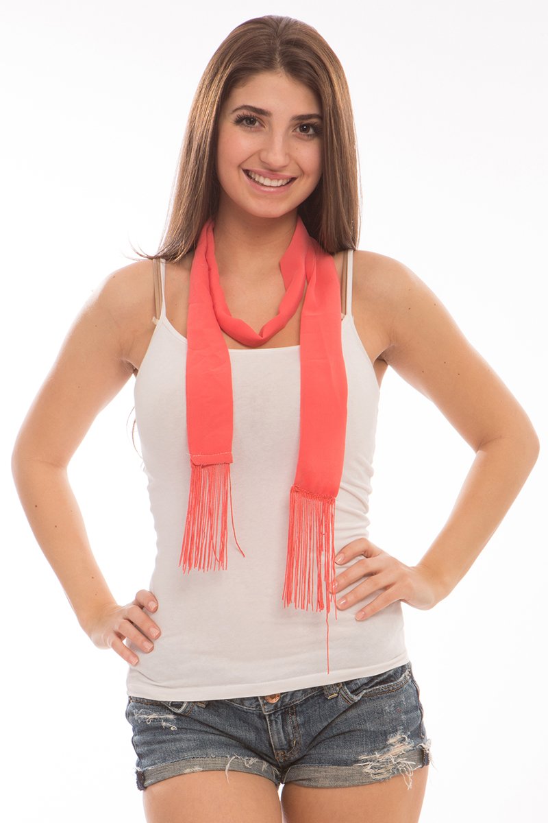 Solid Color Skinny Scarf With Fringe