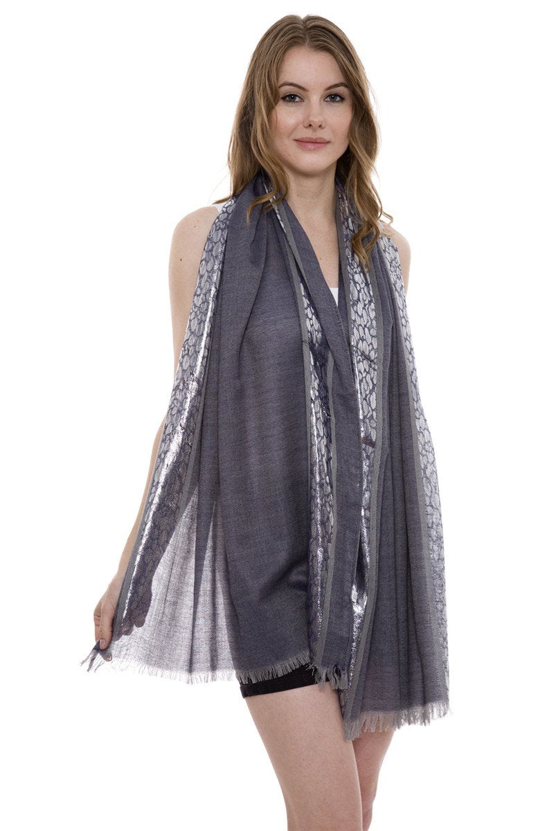 Fashion Oblong Scarf W/Short Fringe And Silver Metallic Paint 