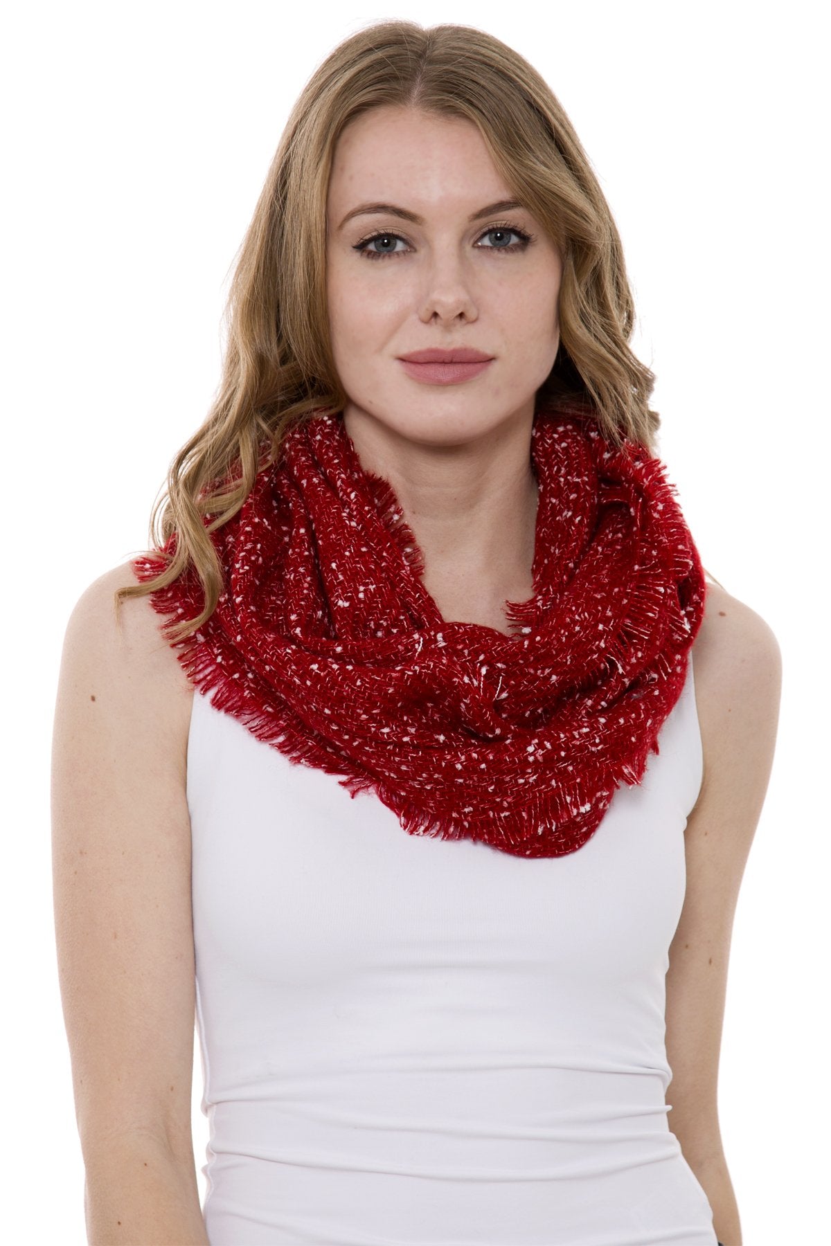 Light Infinity Scarf With White Knit Embellished And Short Fringes 