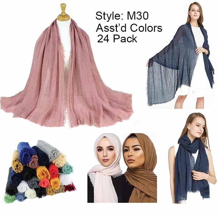 24 Pack Large Solid Crashed Wrinkle Soft Head Scarf and Shawl