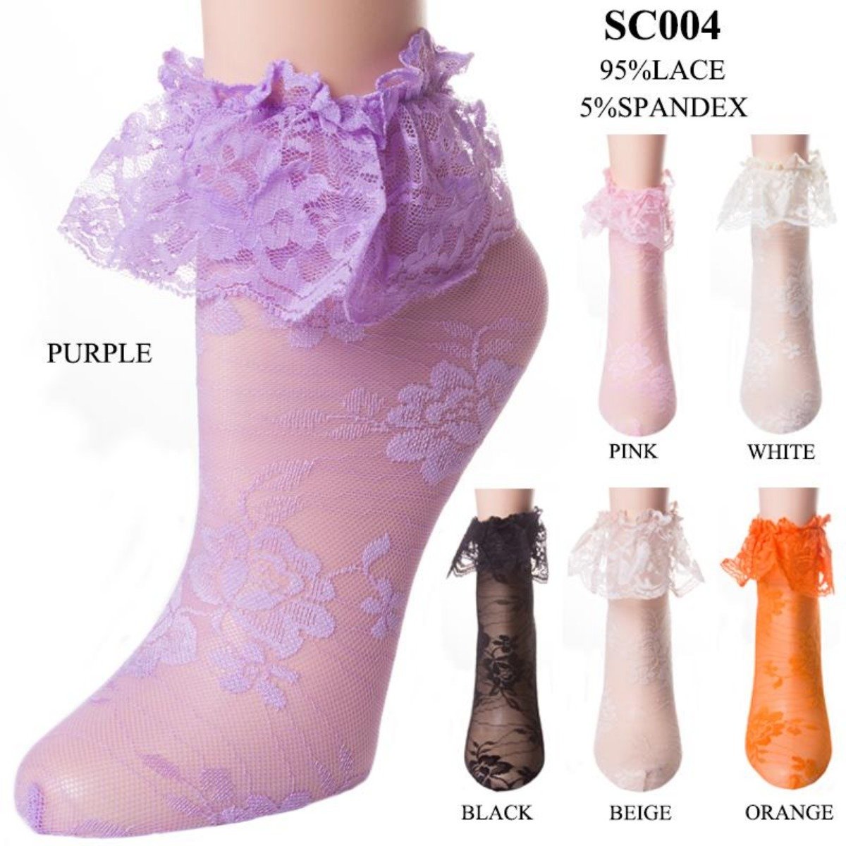 Floral Print Lace Hidden Stretch Socks W/ Ruffled Trim - 12Pc Set
