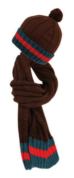 Stripe Cuff Cable Knit Beanie With Pom Pom & Scarf Sets