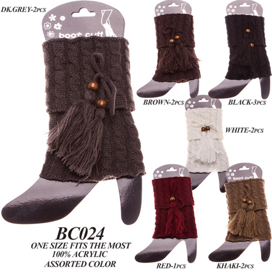 Solid Color Short Knitted Boot Cuffs W/ Tassels - 12Pc Set