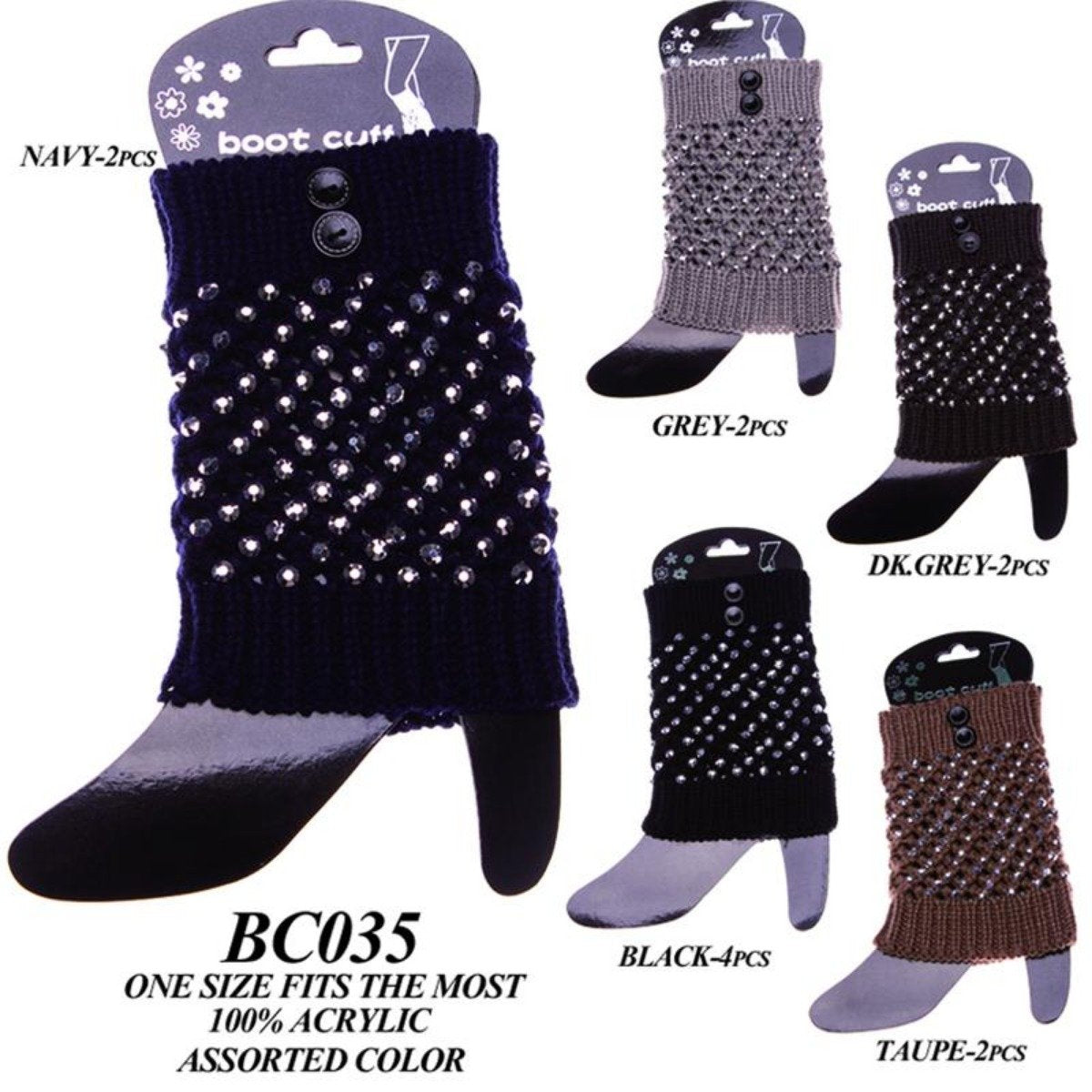 Rhinestone Studded Short Knitted Boot Cuffs W/ Buttons - 12Pc Set