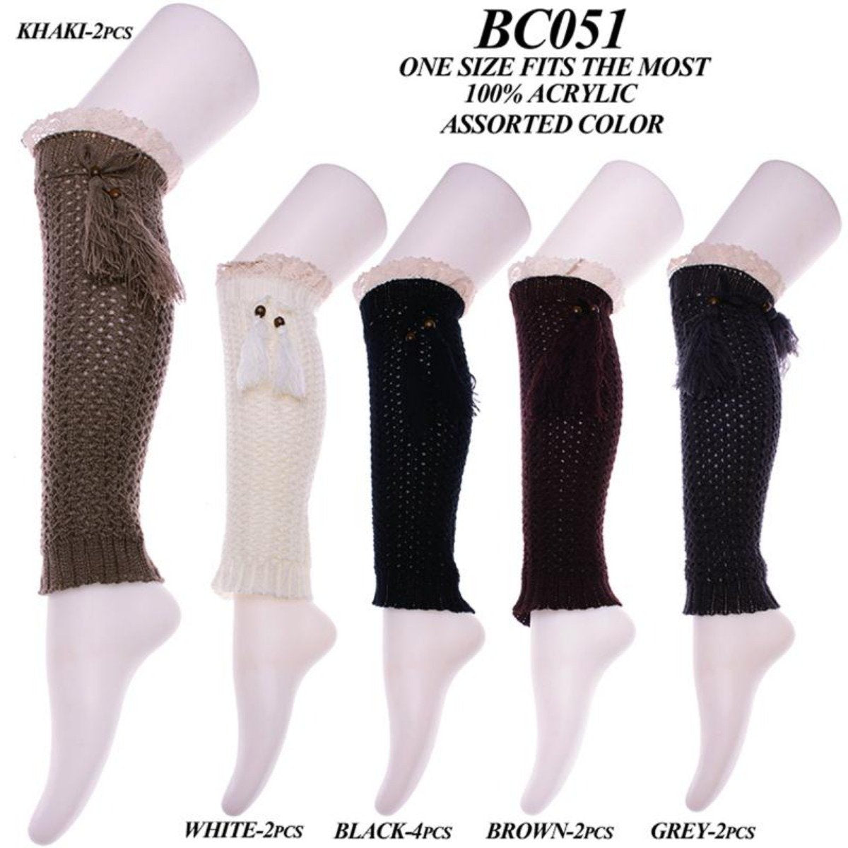 Solid Color Knee-High Knitted Boot Cuffs W/ Tassels & Lace Trim - 12Pc Set