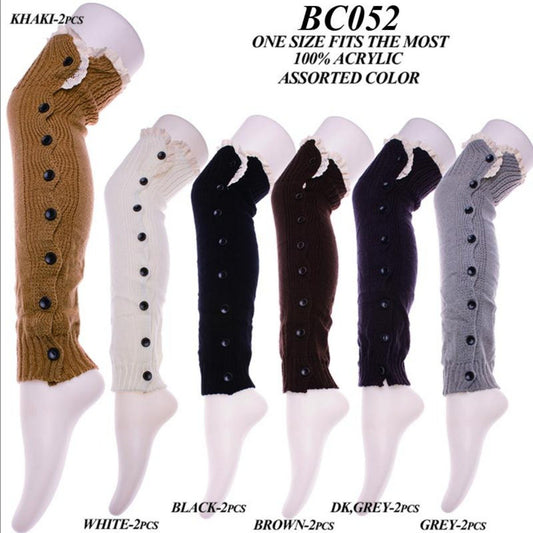 Solid Color Knee-High Knitted Boot Cuffs W/ Buttons & Lace Trim - 12Pc Set