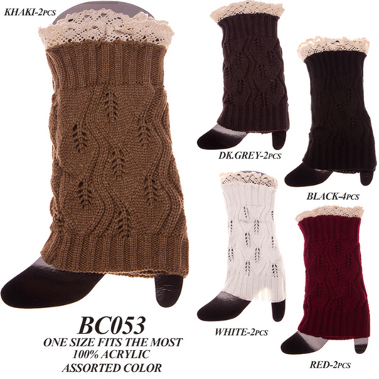 Solid Color Short Knitted Boot Cuffs W/ Lace Trim - 12Pc Set