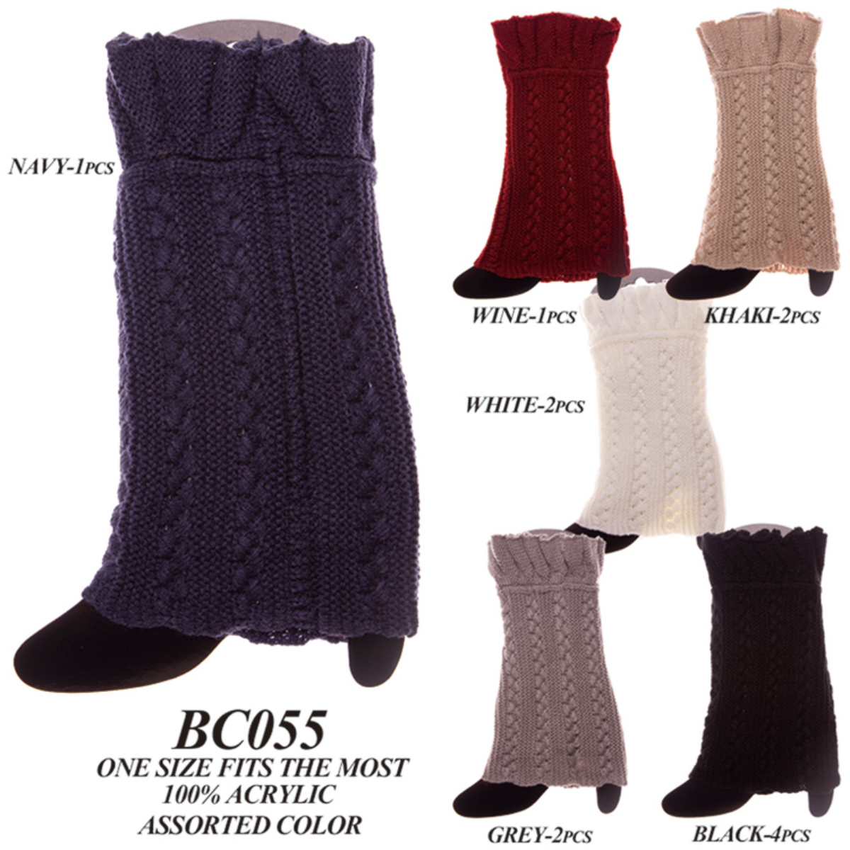 Solid Color Short Knitted Boot Cuffs W/ Frilly Trim - 12Pc Set