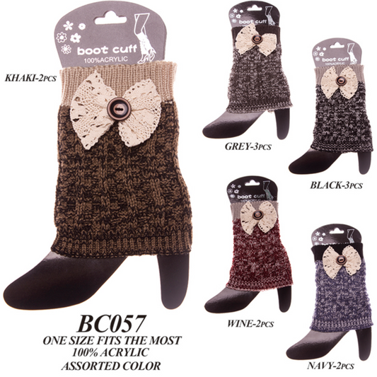 Multi-Colored Short Knitted Boot Cuffs W/ Buttoned Bow - 12Pc Set
