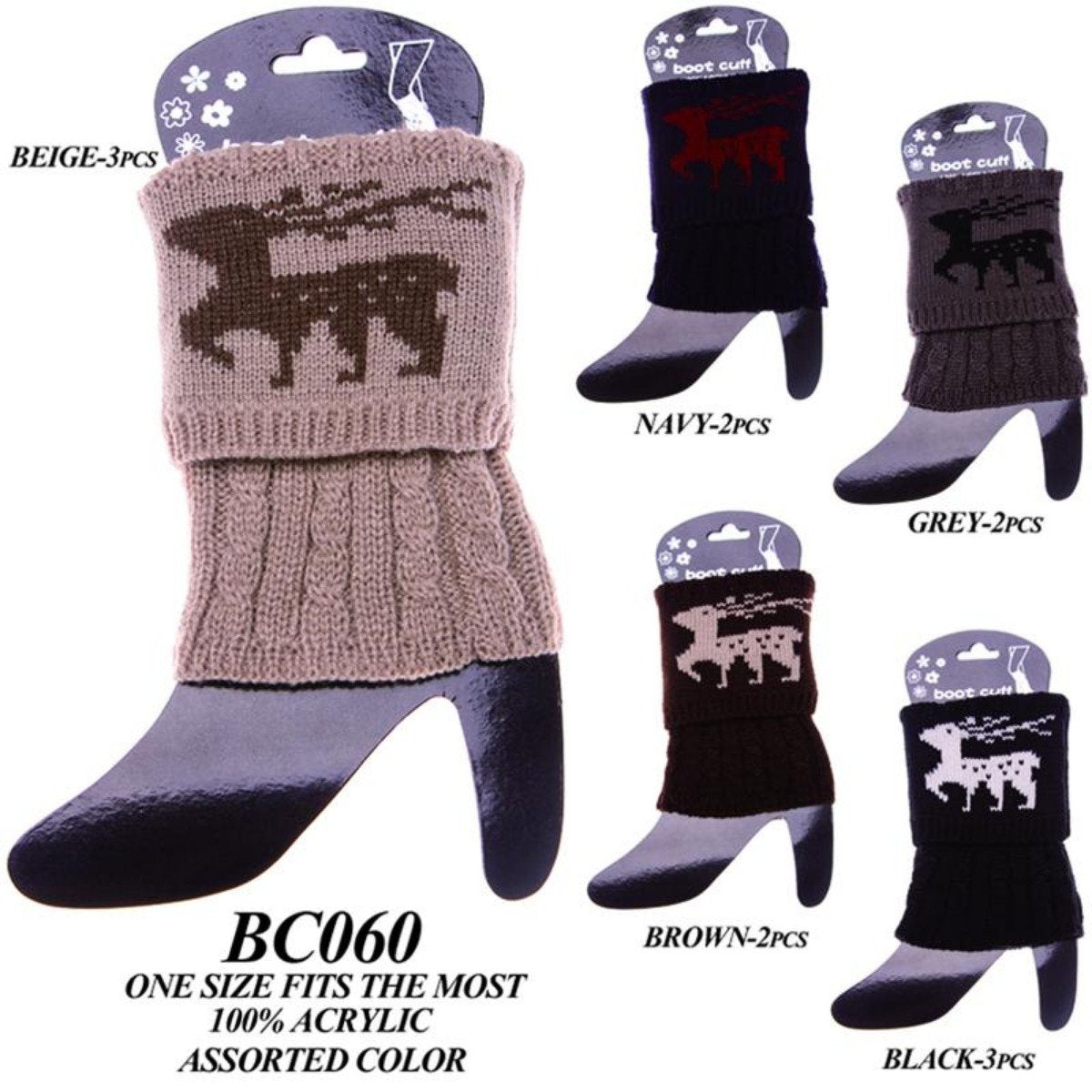 Reindeer Print Short Knitted Boot Cuffs - 12Pc Set