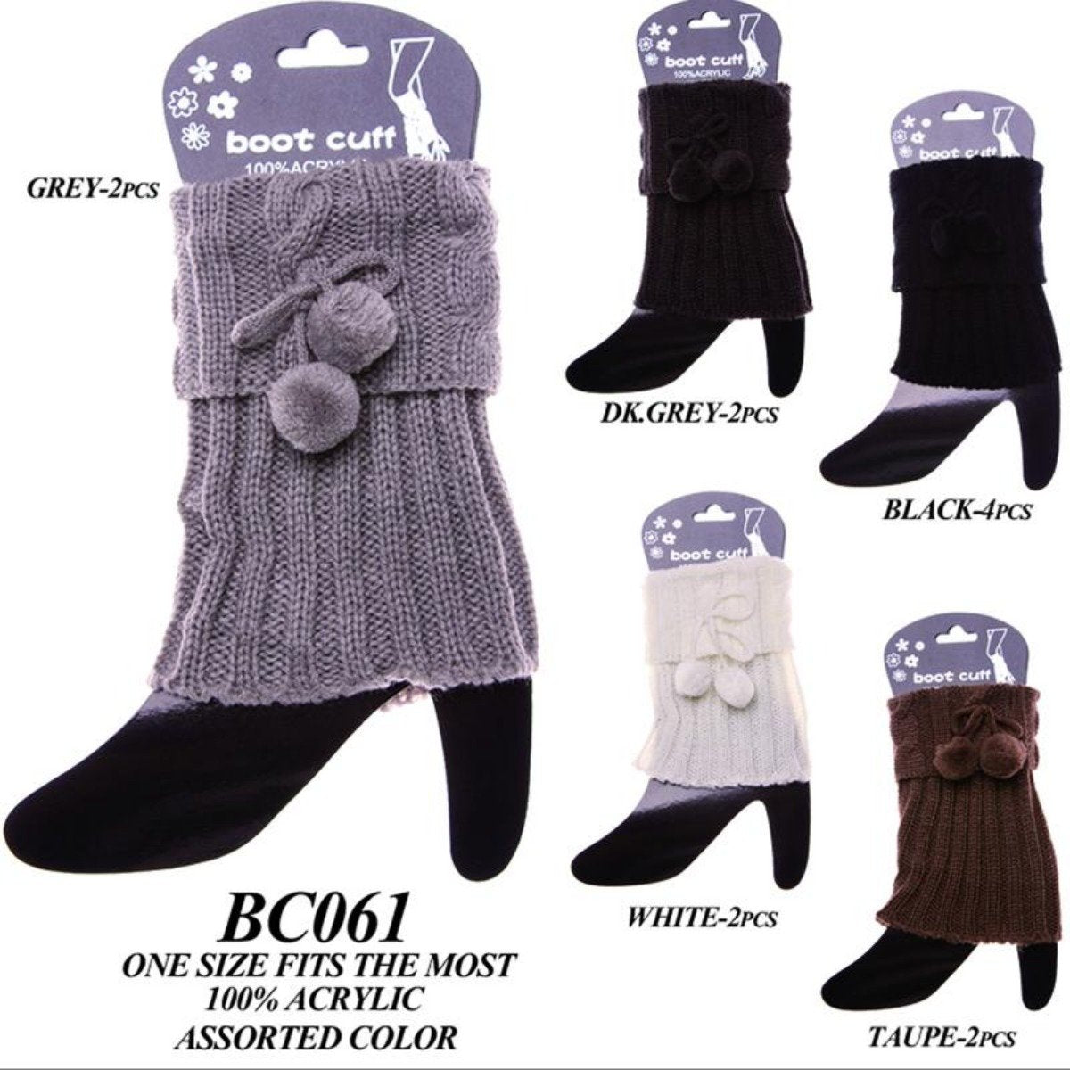 Solid Color Short Knitted Boot Cuffs W/ Pom-Poms - 12Pc Set