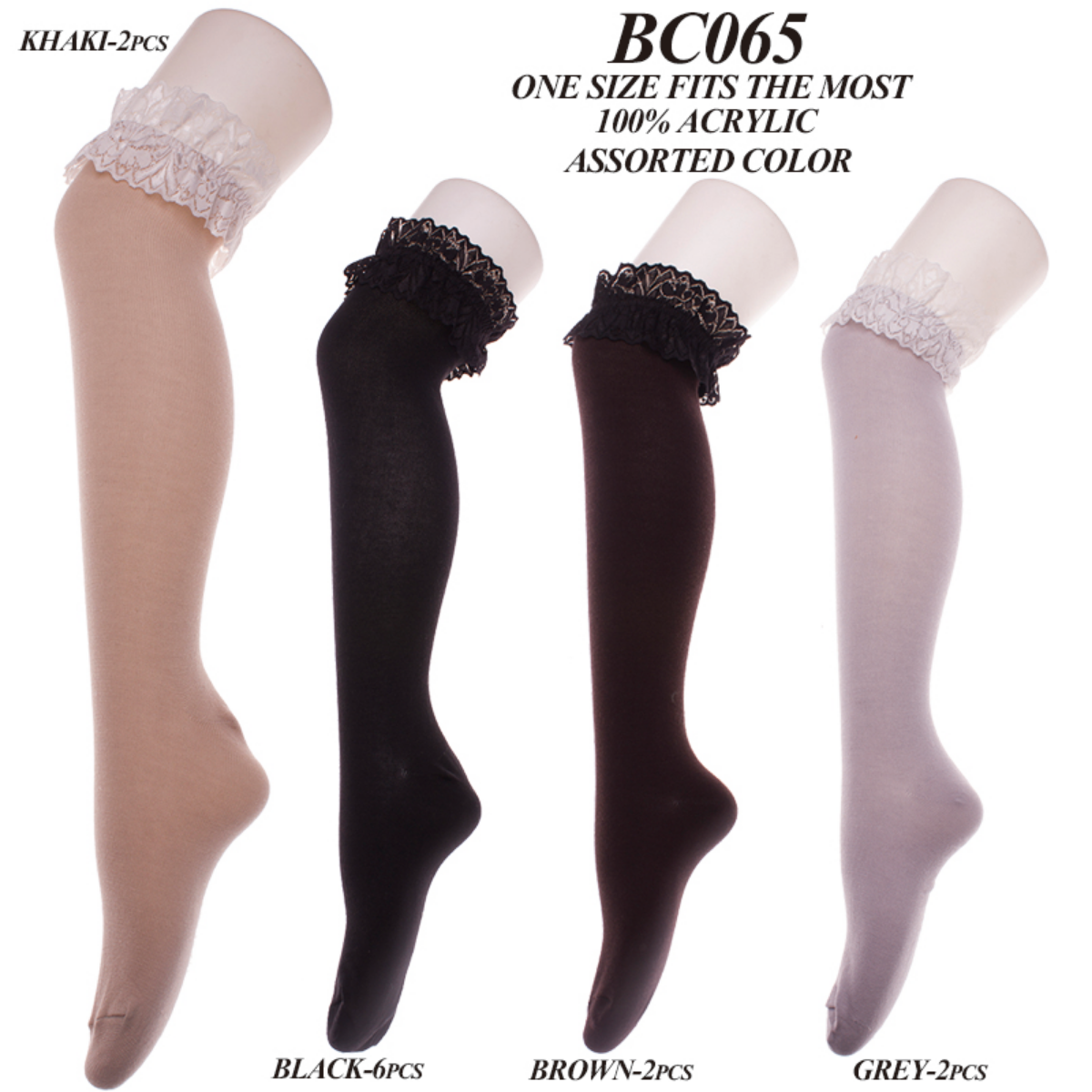 Solid Color Knee-High Stockings W/ Lace Trim - 12Pc Set