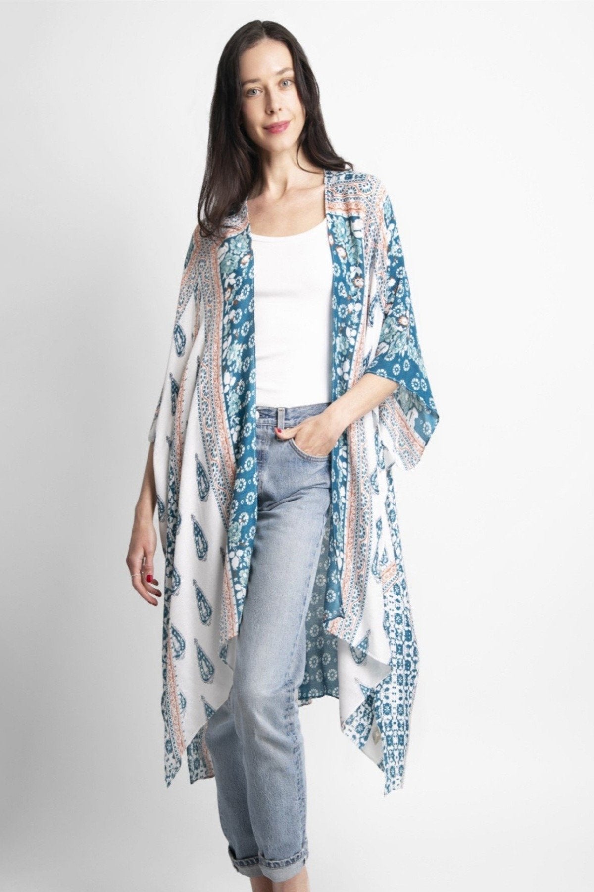 Mixed Print Long Kimono