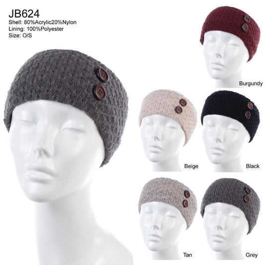Solid Color Knitted Headband W/ Wooden Buttons & Double Lining - 12Pc Set