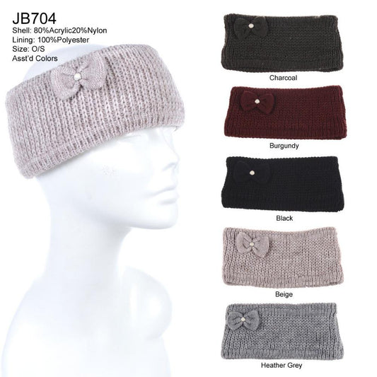 Solid Color Knitted Headband W/ Bow & Double Lining - 12Pc Set
