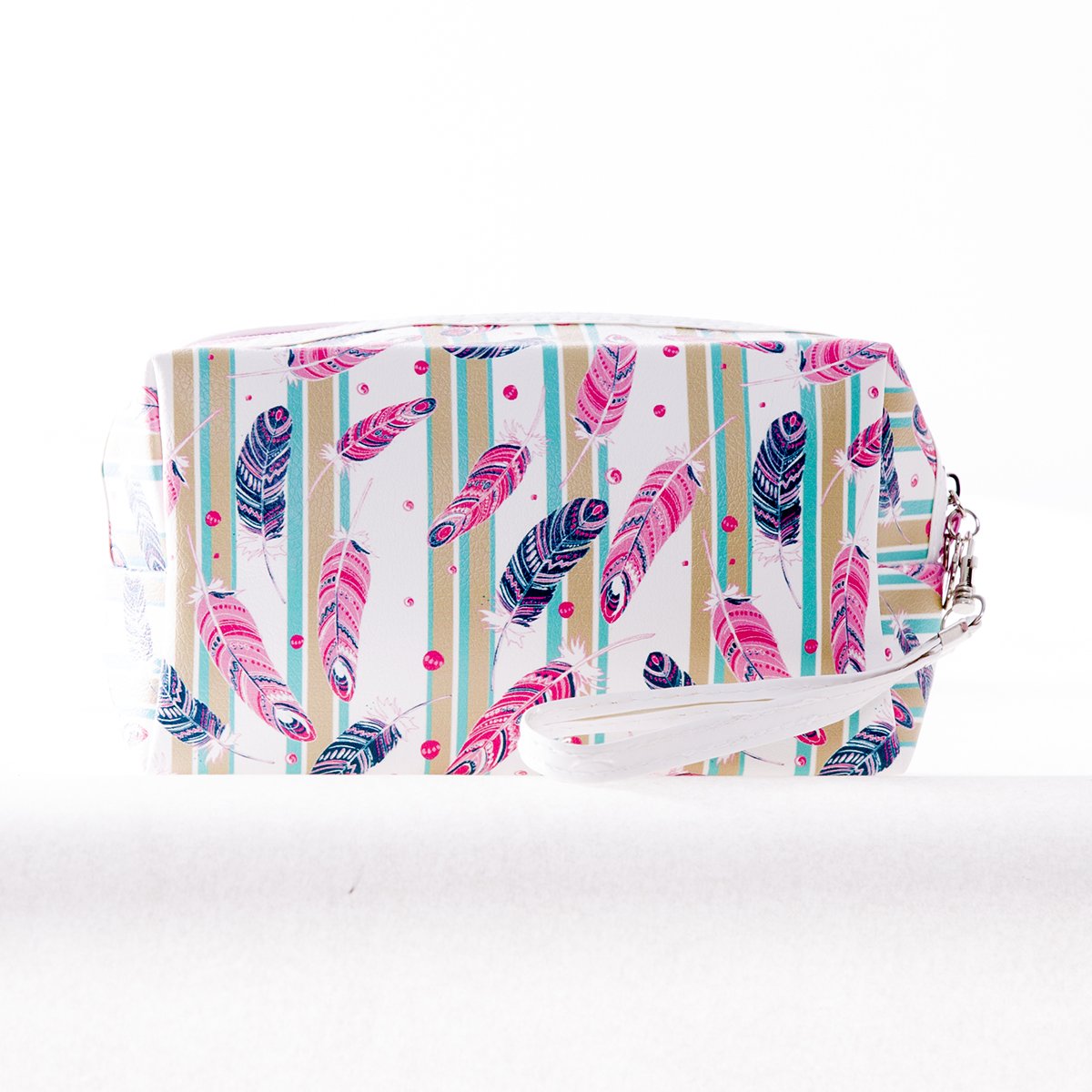 Feather Print Faux Patent Leather Makeup Bag