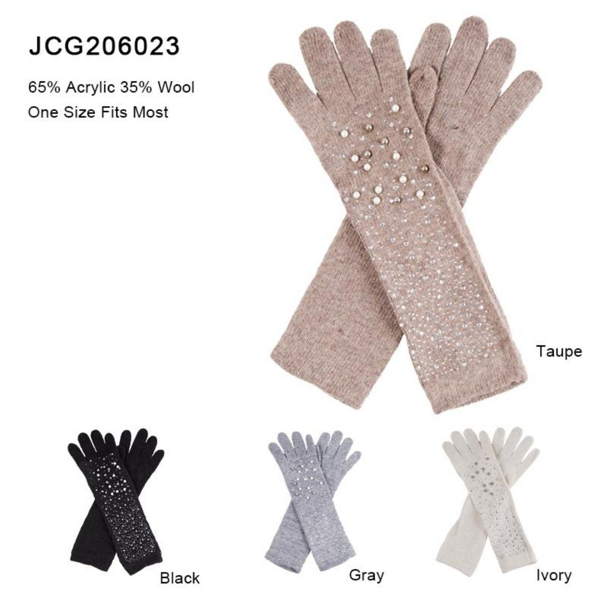 Faux Pearl & Rhinestone Studded Knitted Gloves - 12Pc Set