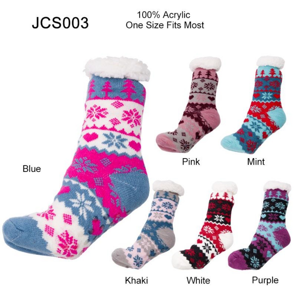 Snowflake & Heart Pattern Non-Slip Long Knitted Socks W/ Fleece Lining - 12Pc Set