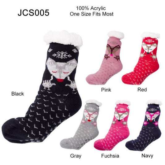 Fox Print Non-Slip Long Knitted Socks W/ Fleece Lining - 12Pc Set