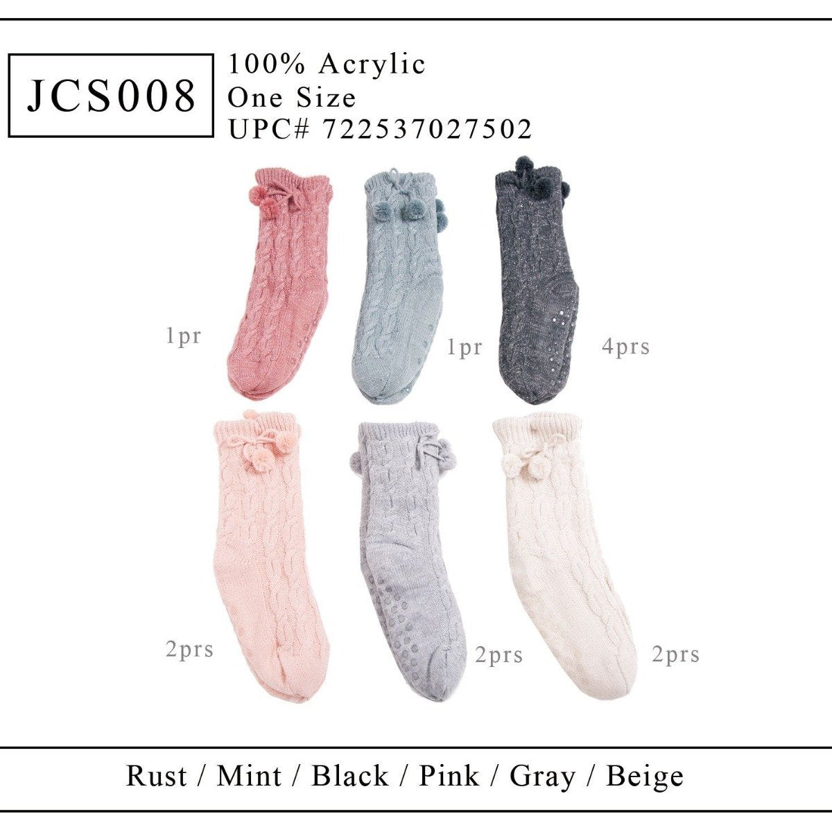 Solid Color W/ Lurex Non-Slip Long Knitted Socks W/ Pom-Poms & Fleece Lining - 12Pc Set