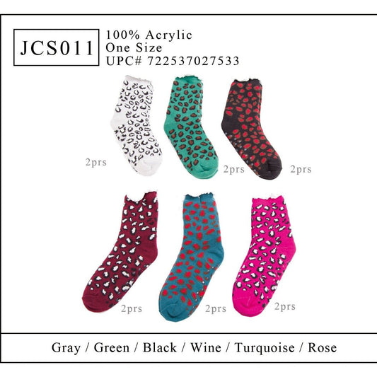 Leopard Print Non-Slip Long Knitted Socks W/ Fleece Lining - 12Pc Set