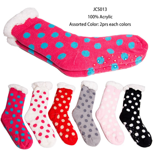 Polka Dot Pattern Non-Slip Long Knitted Socks W/ Fleece Lining - 12Pc Set