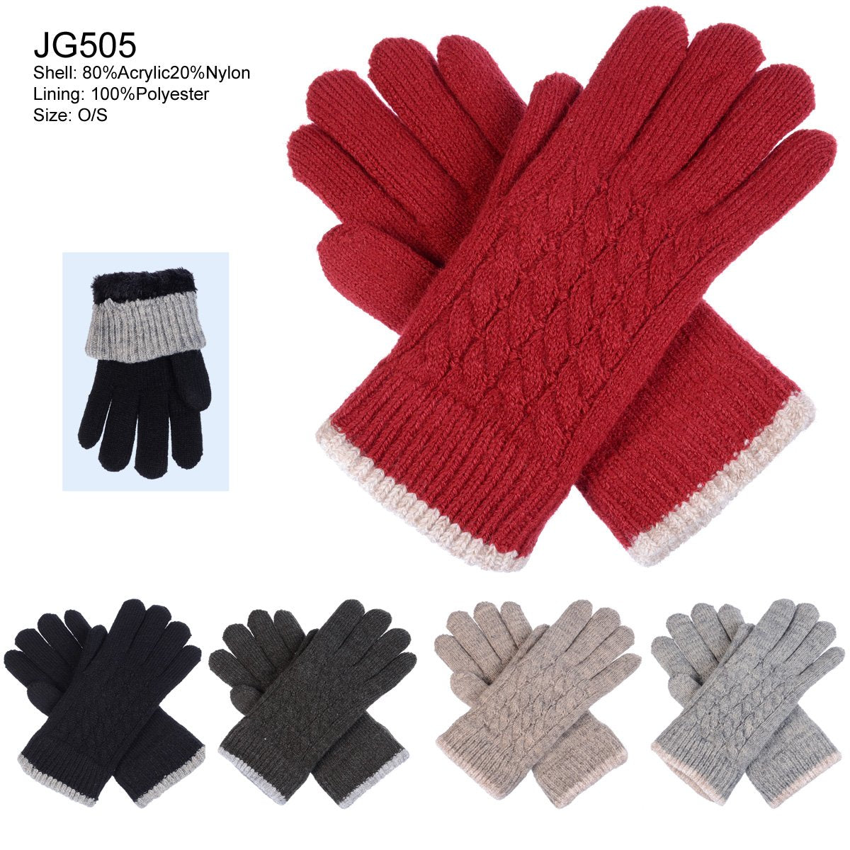 Two-Tone Knitted Gloves W/ Chenille Lining - 12Pc Set