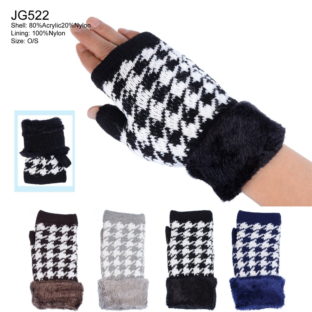 Houndstooth Pattern Knitted Fingerless Gloves W/ Cuffs & Chenille Lining - 12Pc Set