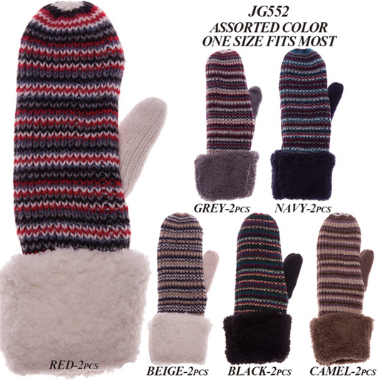 Stripe Pattern Knitted Mittens W/ Fleece Cuffs - 12Pc Set