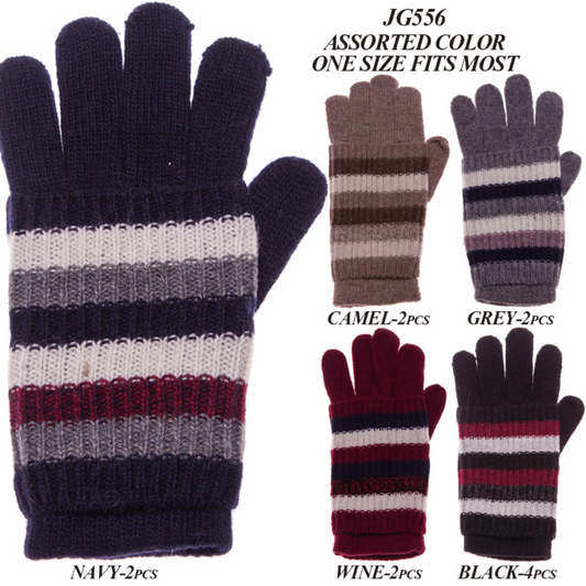 Solid Color Knitted Gloves W/ Stripe Pattern Detachable Palm-Cover & Double Lining - 12Pc Set