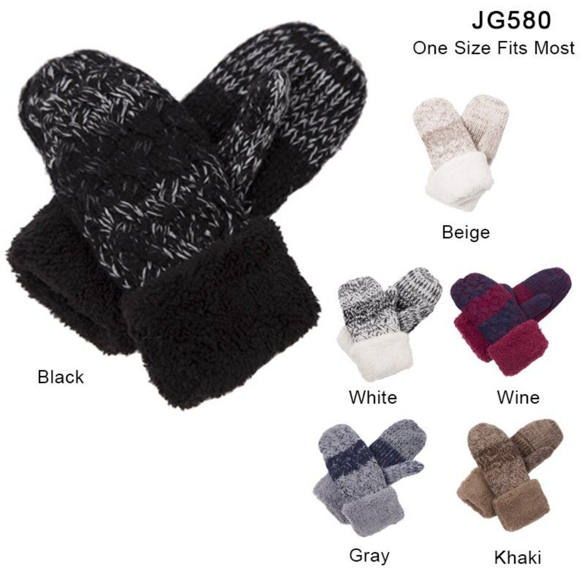 Two-Tone Knitted Mittens W/ Fleece Cuffs - 12Pc Set