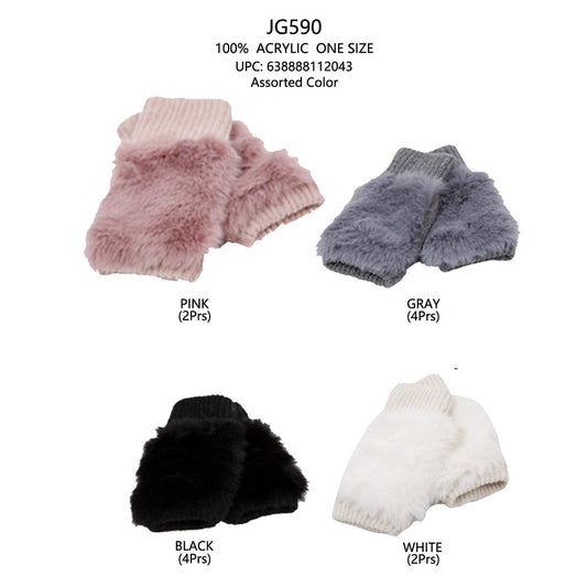 Solid Color Faux Fur & Knitted Fingerless Gloves - 12Pc Set