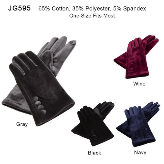 Solid Color Velvet Screen-Touch Gloves W/ Buttons - 12Pc Set