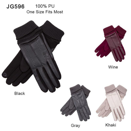 Solid Color Faux Leather Screen-Touch Gloves - 12Pc Set