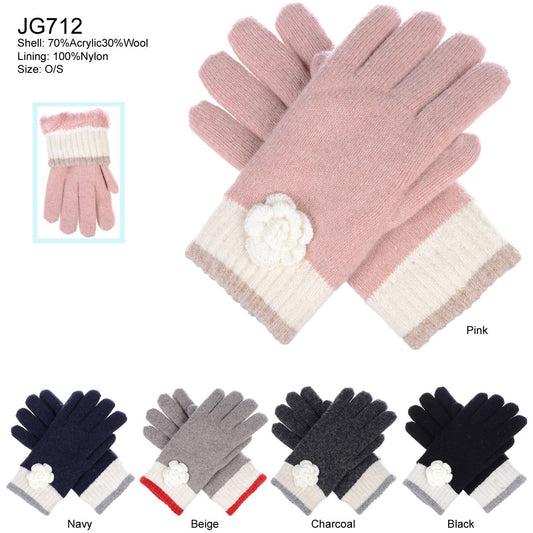 Three-Tone Knitted Gloves W/ Flower Detail & Chenille Lining - 12Pc Set