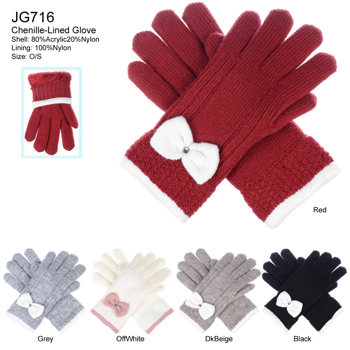 Two-Tone Knitted Gloves W/ Bow & Chenille Lining - 12Pc Set