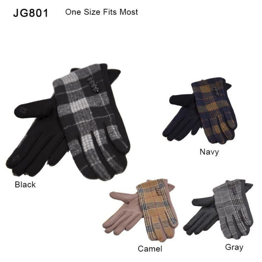 Plaid Pattern Screen-Touch Gloves W/ Buttons - 12Pc Set