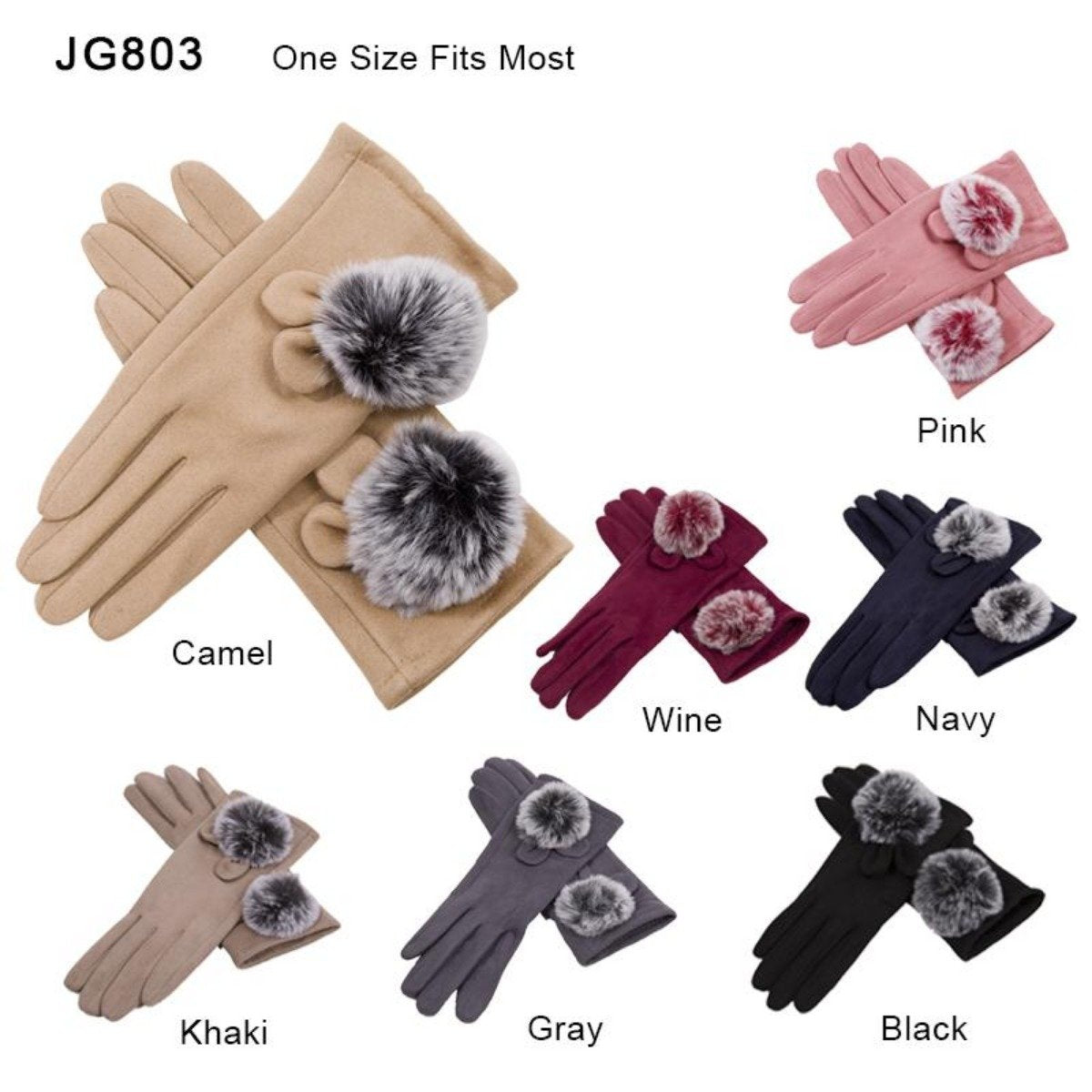 Solid Color Faux Suede Gloves W/ Pom-Pom - 12Pc Set