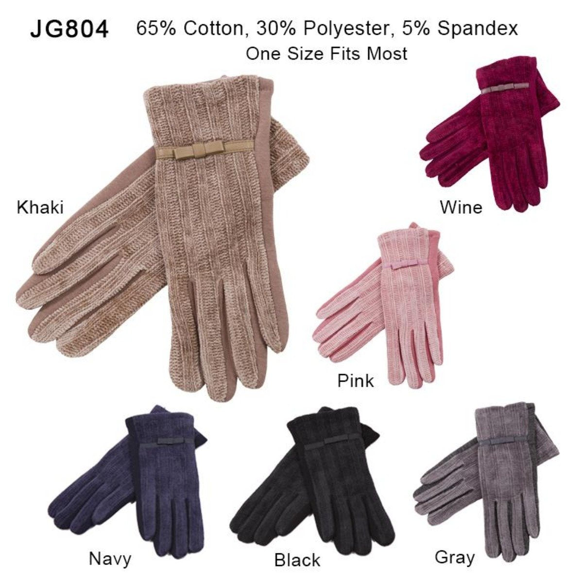 Solid Color Chenille Screen-Touch Gloves W/ Bow - 12Pc Set