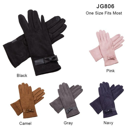 Solid Color Faux Suede Screen-Touch Gloves W/ Bow - 12Pc Set