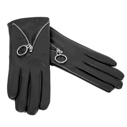 Solid Color Faux Leather Gloves W/ Zipper Detail