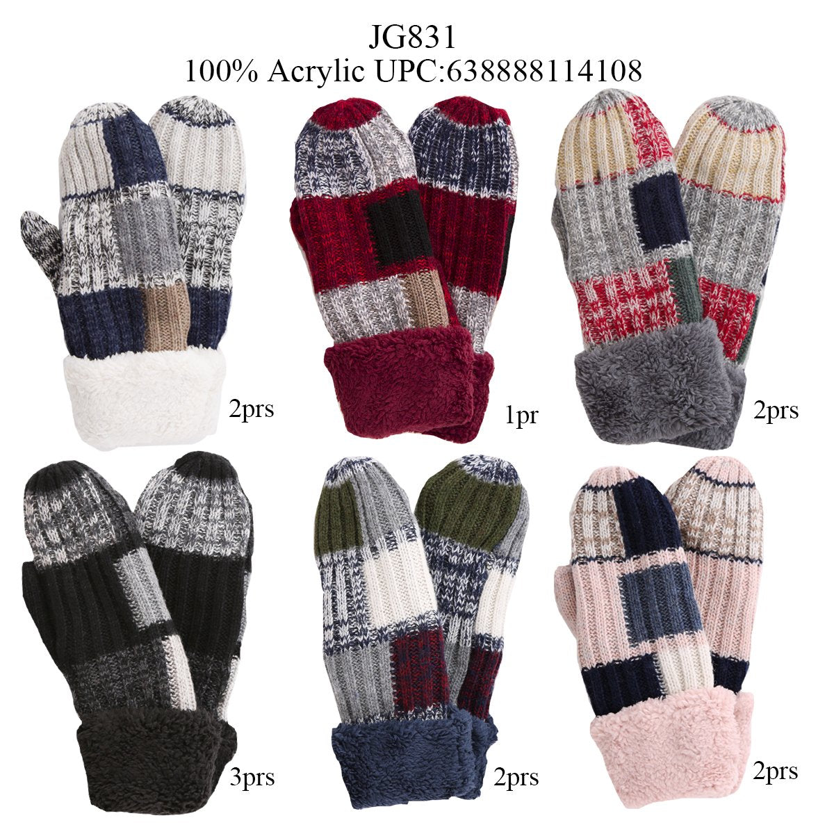 Color-Blocked Knitted Mittens W/ Fleece Cuffs - 12Pc Set