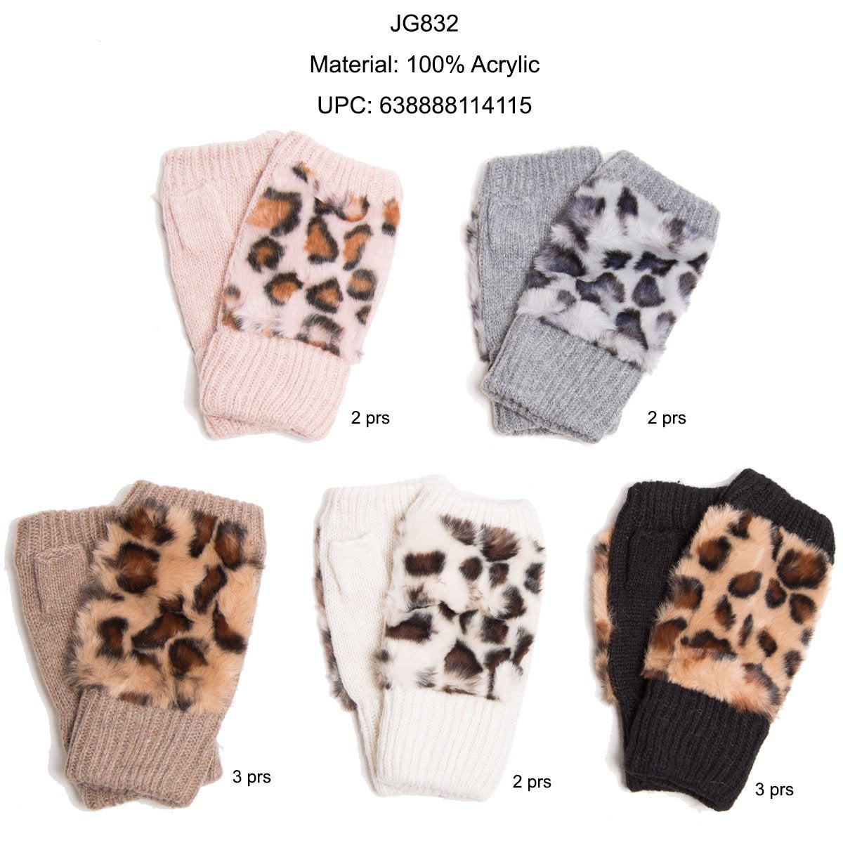 Leopard Print Faux Fur & Knitted Fingerless Gloves - 12Pc Set