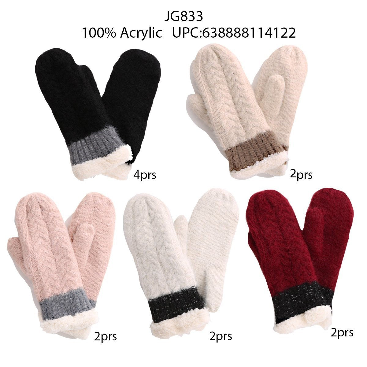 Two-Tone Knitted Mittens W/ Fleece Cuffs - 12Pc Set