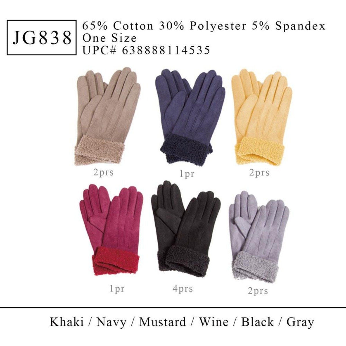 Solid Color Faux Suede Gloves W/ Fleece Cuffs - 12Pc Set