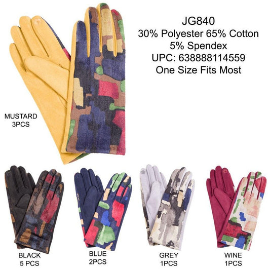 Multi-Colored Faux Suede Screen-Touch Gloves W/ Multi-Colored Pom-Poms - 12Pc Set