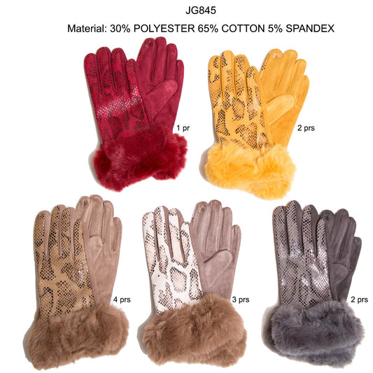 Snakeskin Print Screen-Touch Gloves W/ Faux Fur Cuffs - 12Pc Set