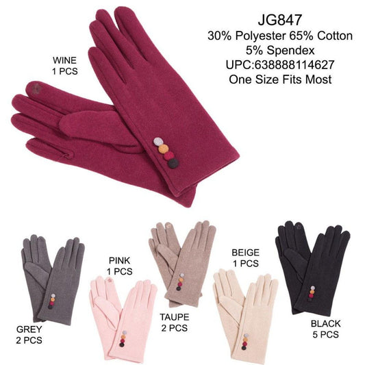 Solid Color Screen-Touch Gloves W/ Multi-Colored Buttons - 12Pc Set