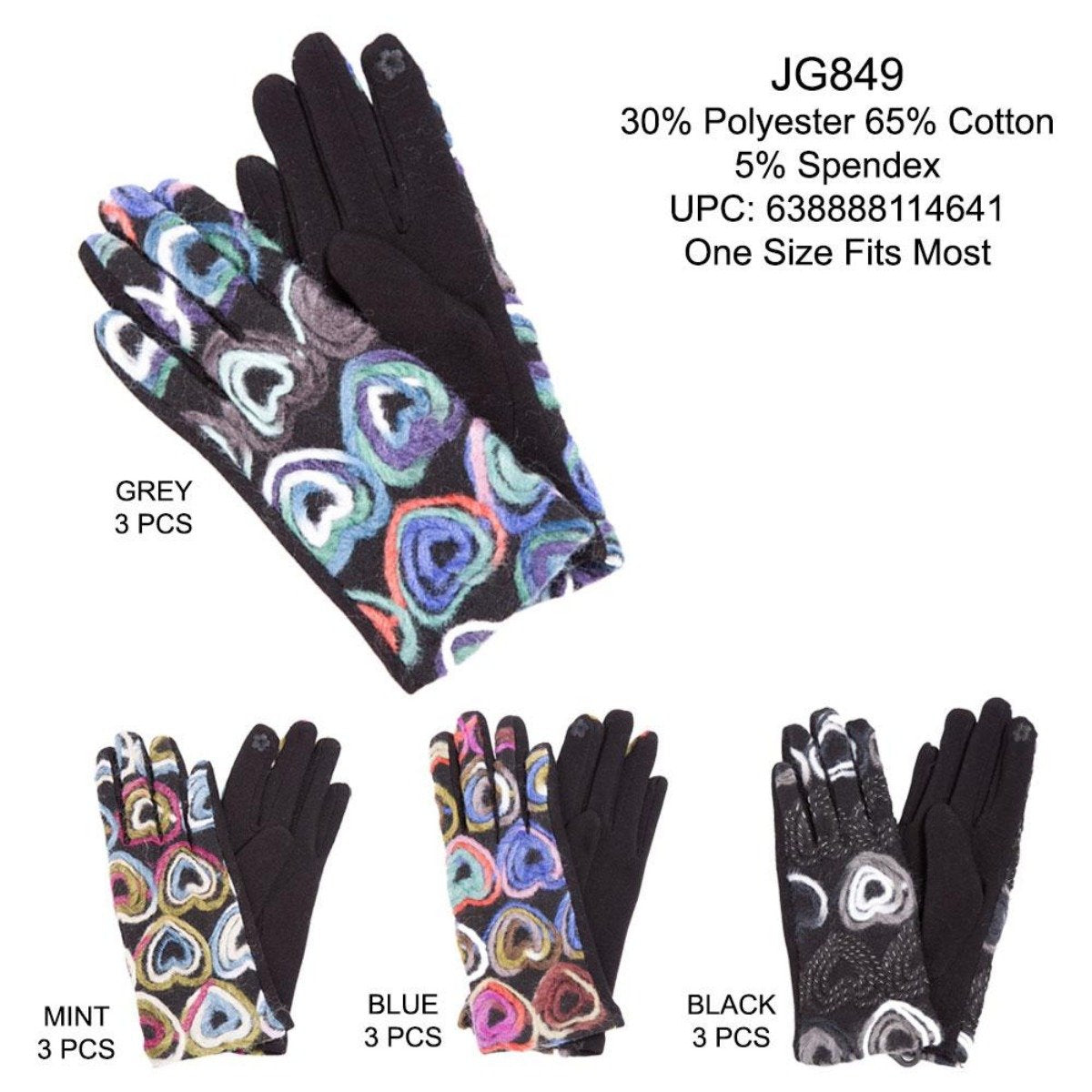Multi-Colored Heart Pattern Screen-Touch Gloves - 12Pc Set