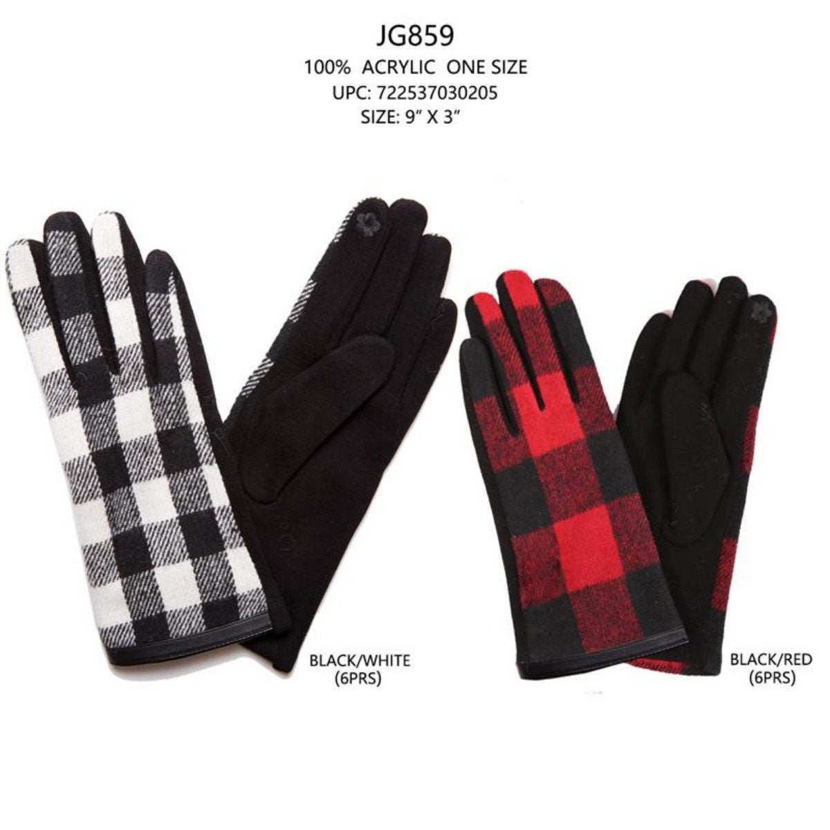 Buffalo Check Pattern Screen-Touch Gloves - 12Pc Set